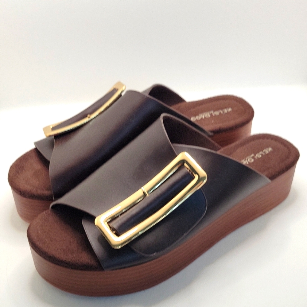 Anthropologie Kelsie Dagger Brown Slide Sandals with Gold Buckle Size 9